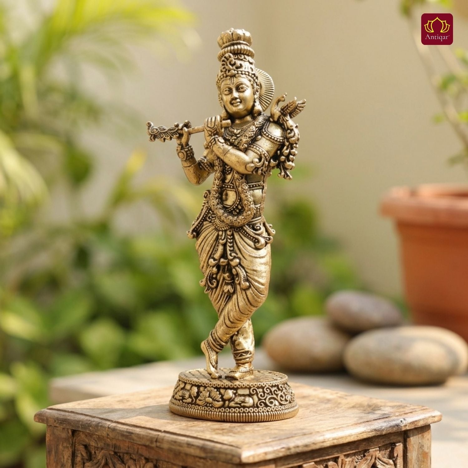 Brass Lord Krishna Idol Playing with Flute - 16.5cm | Antique Finish | Handcrafted Artwork | Home & Office Decor | Ideal for Gifting & Spiritual Blessings