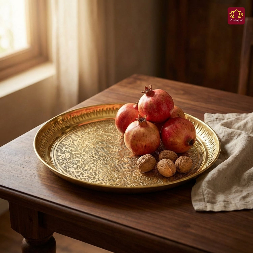 Brass Etching Floral Design Plate - 2.5cm | Serve Main Course items in Lunch & Dinner | Antique Golden Finish | Traditional Mughlai Style use for serving in Kitchen, Festivals and Restaurents