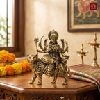 Brass Sherawali Maa Idol - 6.5cm | Sitting onTiger | Antique Golden Finish | Spiritual Idol for Temple & Home Decor