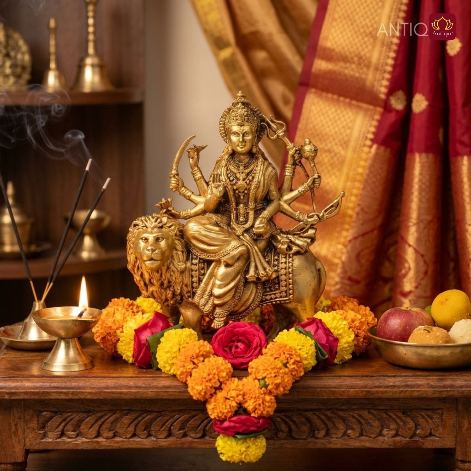 Brass Sherawali Maa Idol - 10cm | Sitting on Lion | Antique Golden Finish | Spiritual Idol for Temple & Home Decor