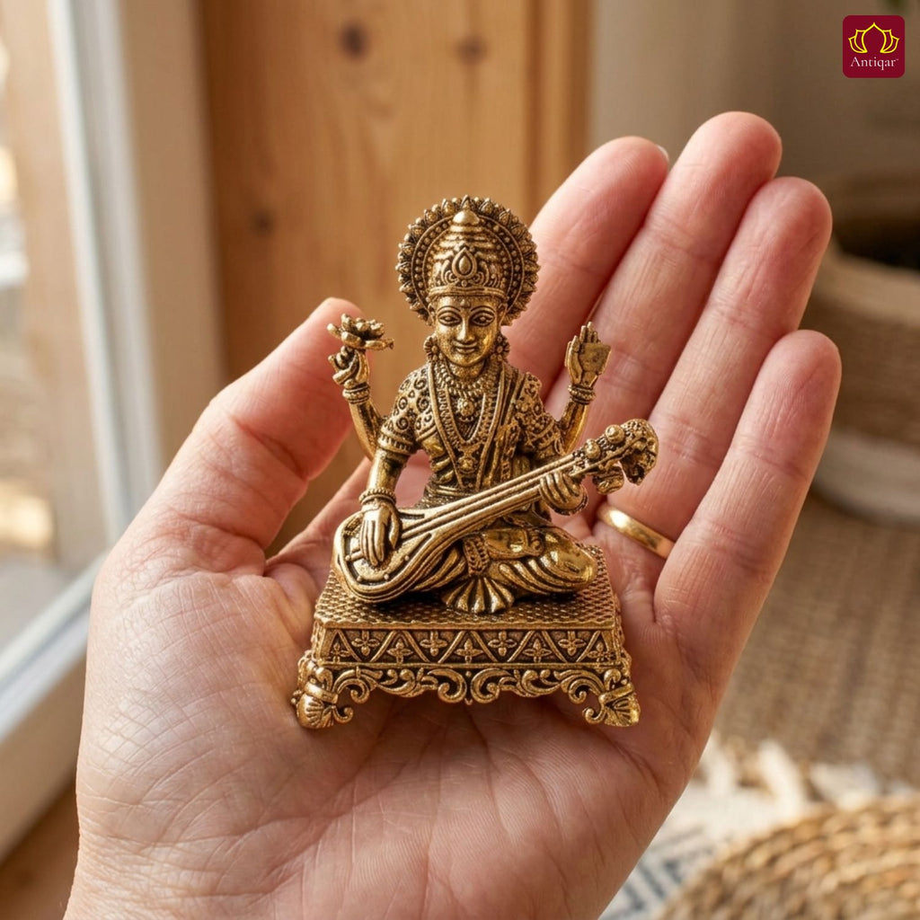 Brass Saraswati Ji Idol - 5.5cm | Golden Finish | Spritual use for Home, Temple & Car dashboard Decor