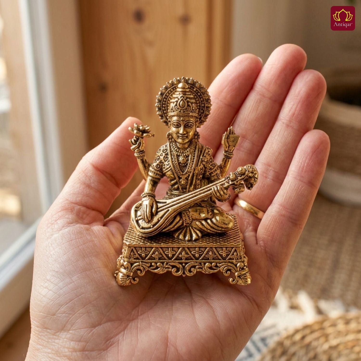 Brass Saraswati Ji Idol - 5.5cm | Golden Finish | Spritual use for Home, Temple & Car dashboard Decor