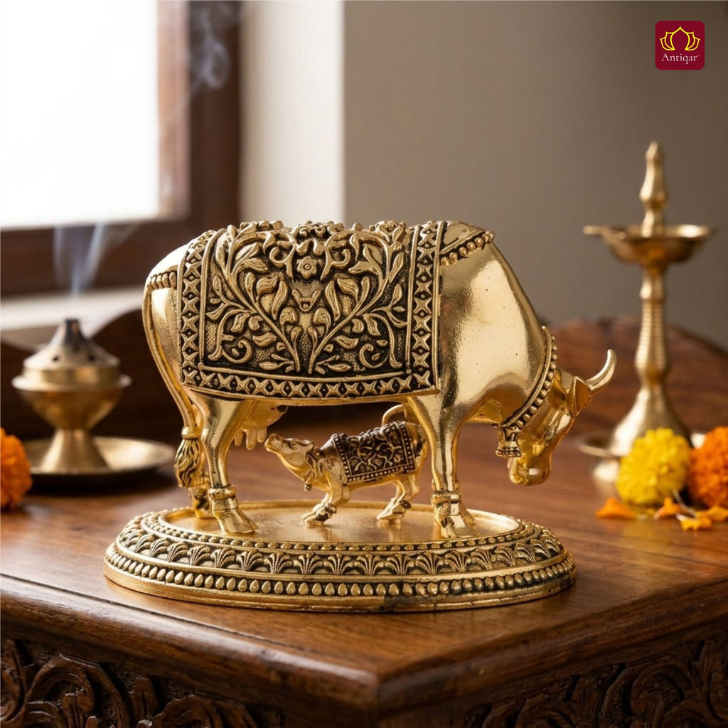 Brass Cow & Calf Figurine with Base -7cm | Golden Finish | Spritual use for Home, Temple & Dashboard Decor