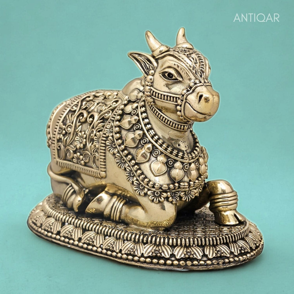 Brass Nandi Figurine with Base - 5cm | Antique Finish | Spritual use for Home, Temple & Car Dashboard Decor