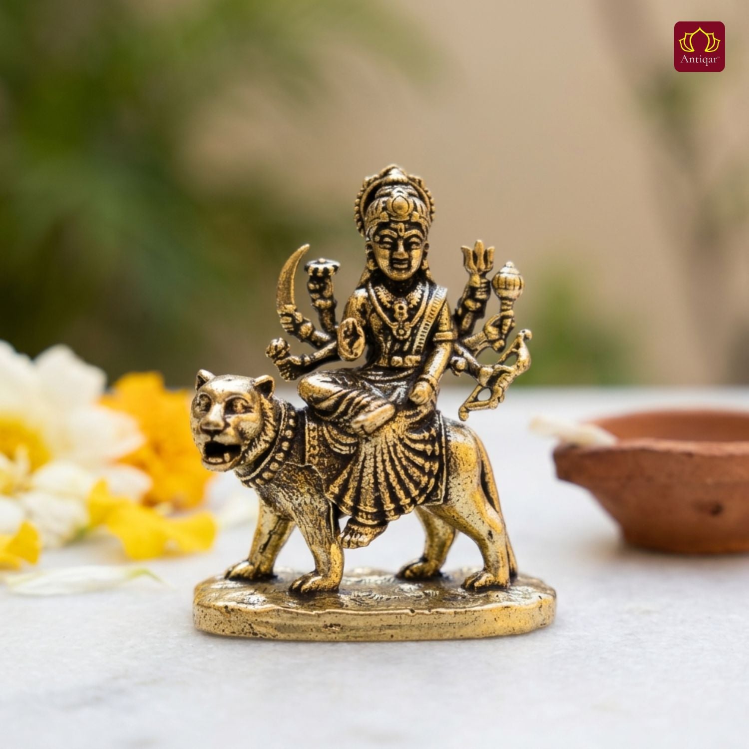 Brass Miniature Sherawali Maa Idol - 4cm | Antique Finish | Spritual use for Home, Temple & Car Dashboard Decor