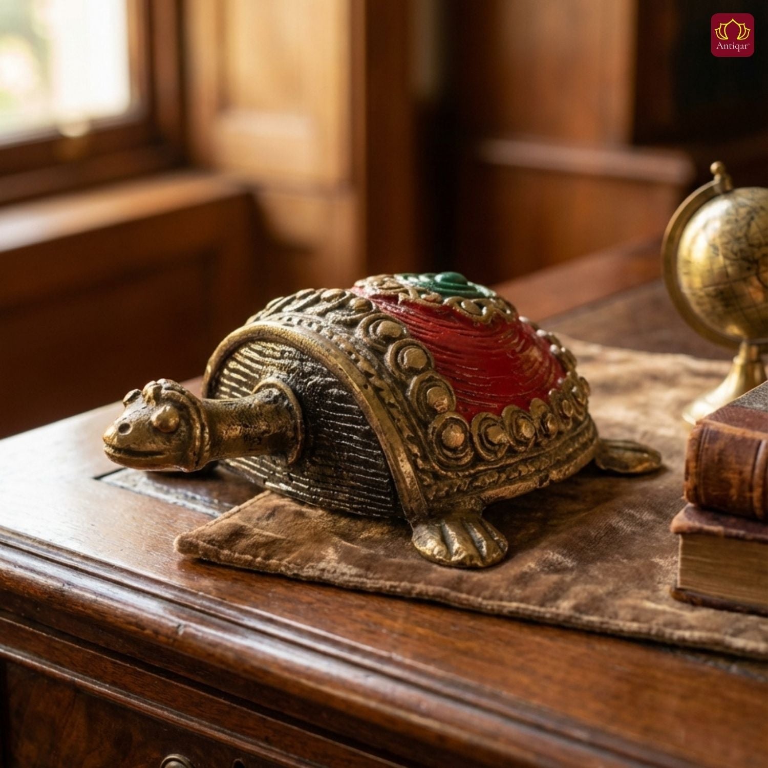 Dhokra Art Brass Turtle – 3 cm | Red Antique Finish | Tribal Handcrafted Showpiece for Temple, Home & Table Decor