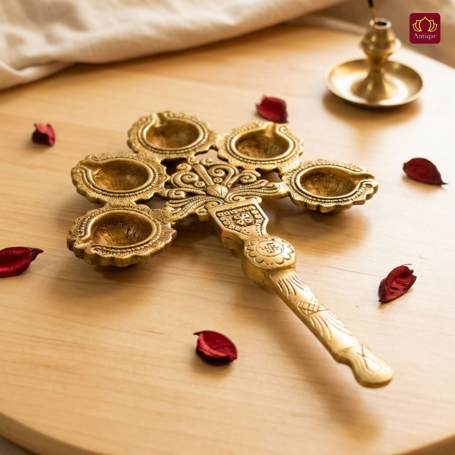 Brass Panch diya Aarti in Vintage Design Handle - 3cm | Antique Golden Finish | Handcrafted for Pooja Temple & Festival Decor