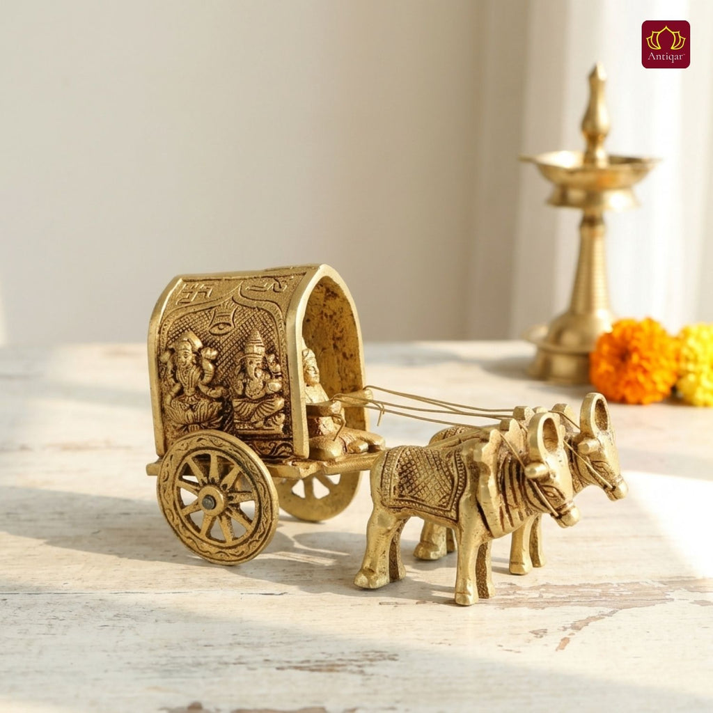 Brass Bullock Cart Showpiece – 10 cm | With Lakshmi & Ganesh Carving on Sides | Antique Golden Finish | Handcrafted Decor for Temple, Home & Festival Use