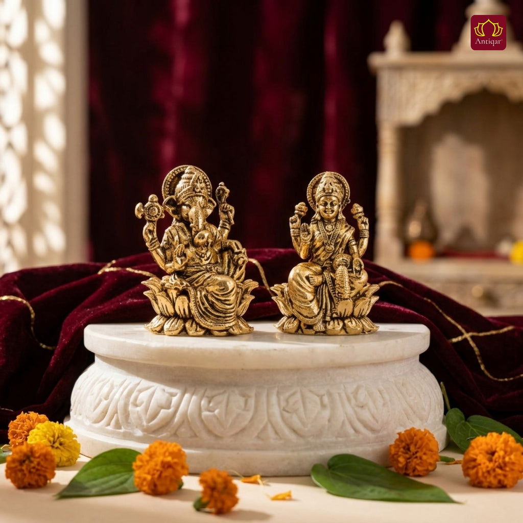 Brass Ganesh Laxmi Pair Idol - 4.5 cm | Golden Finish | Spiritual Idol for Temple & Home Decor