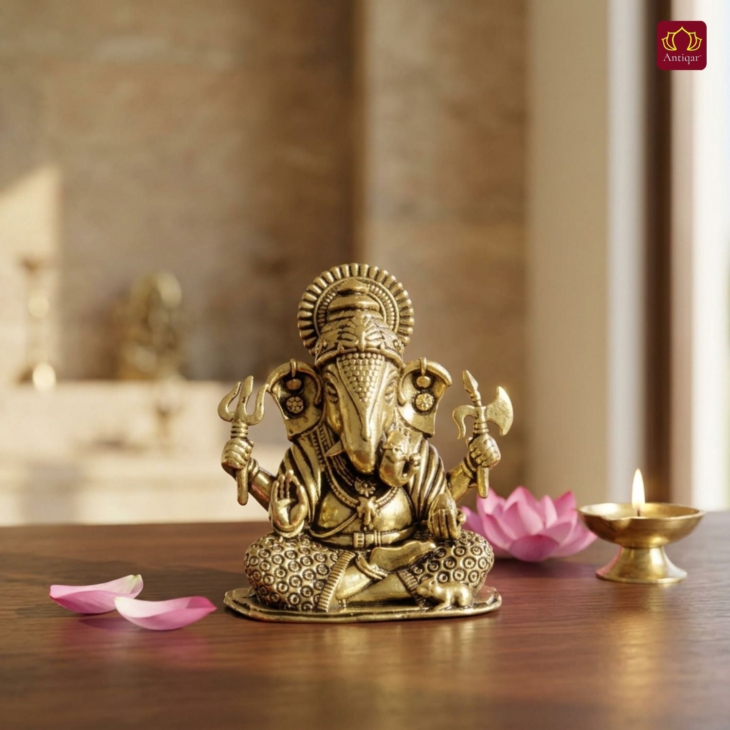 Brass Ganesh Idol - 5.5cm | Antique Finish | Spritual use for Home, Temple & Car dashboard Decor