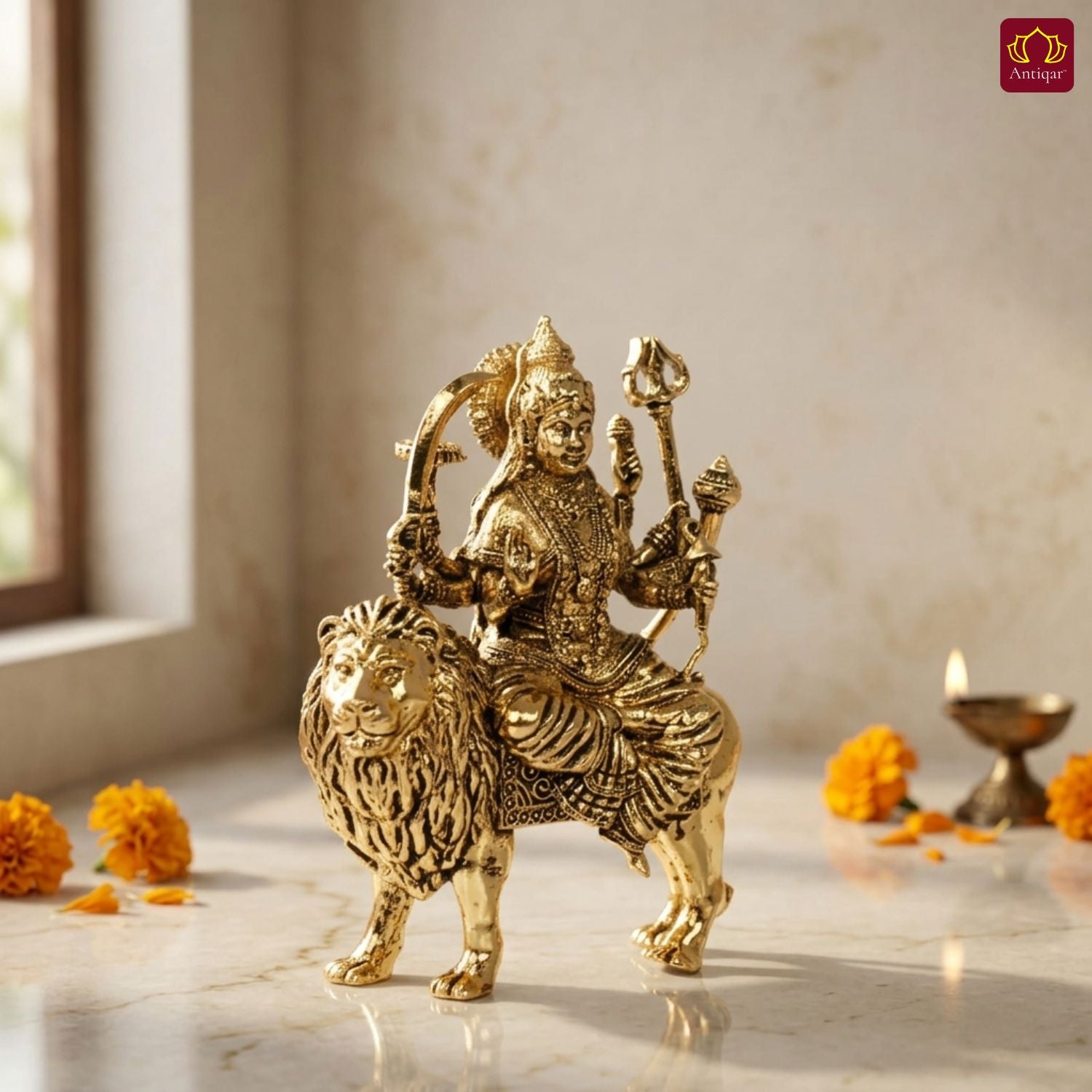 Brass Sherawali Maa Idol - 5.5cm | Sitting on Lion | Golden Finish | Spiritual Idol for Temple & Home Decor