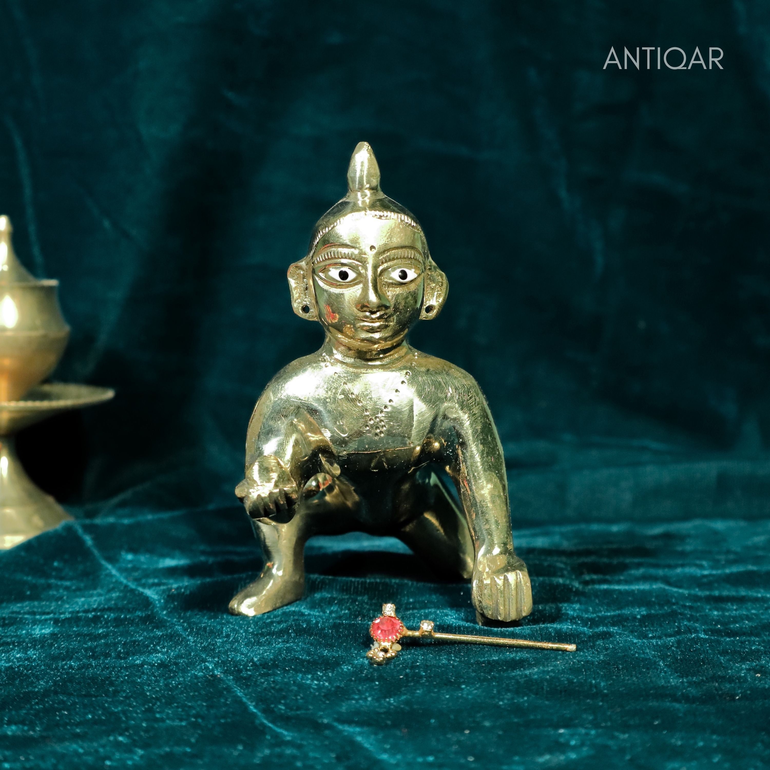 Krishna Laddu Gopal Brass Idol - 7cm | Superfine Finish | For Pooja, Temple & Car Dashboard Decor