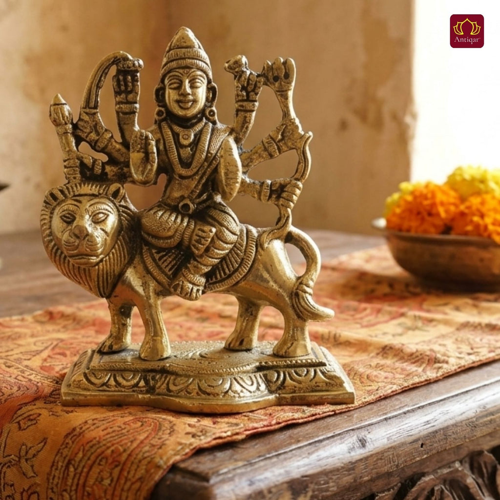 Brass Sherawali Mata Idol – 10 cm | Sitting on Lion | Black Antique Finish | Handcrafted Idol for Temple, Home & Car Dashboard Decor
