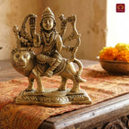 Brass Sherawali Mata Idol – 10 cm | Sitting on Lion | Black Antique Finish | Handcrafted Idol for Temple, Home & Car Dashboard Decor