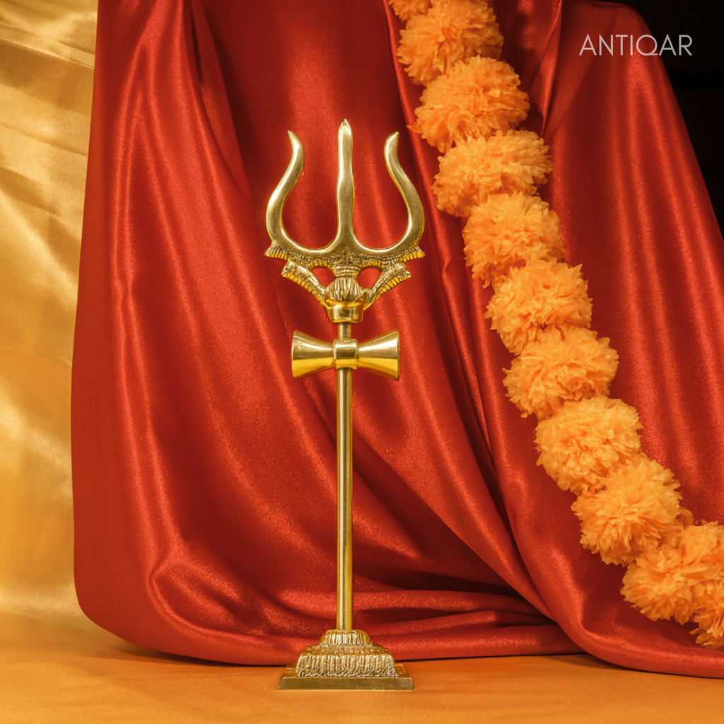 Brass Trisul with Detachable Square Base - 25cm | Antique Golden Finish | Handcrafted for Pooja Temple & Festival Decor