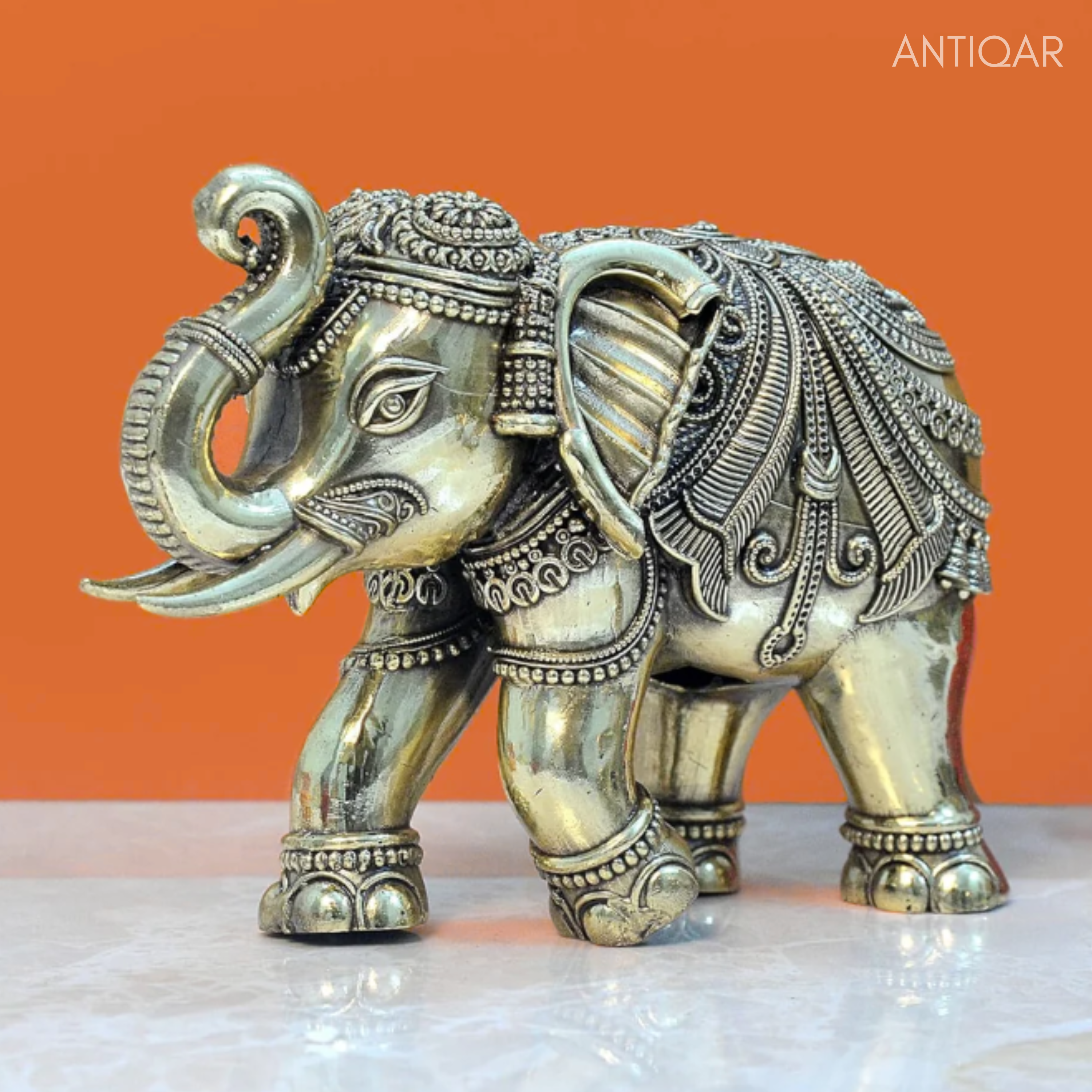 Brass Elephant Showpiece in Floral Design - 5cm | Antique Golden Finish | Decorative Figurines for Temple, Home & Office