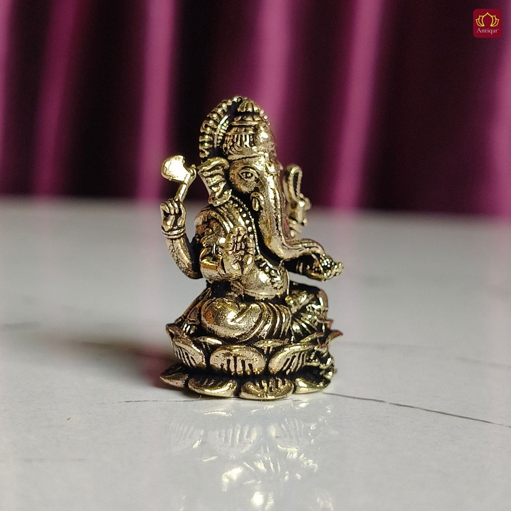 Brass Miniature Ganesh Ji Idol - 2.5cm | Antique Finish | Spritual use for Home, Temple & Car Dashboard Decor