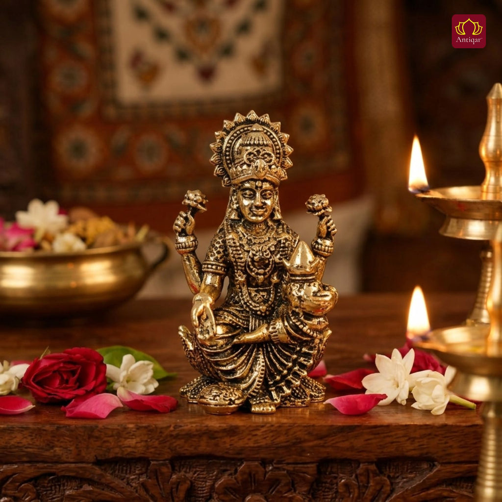 Brass Lakshmi JI Idol - 4cm | Golden Finish | Spiritual Decor for Temple, Home & Car Dashboard