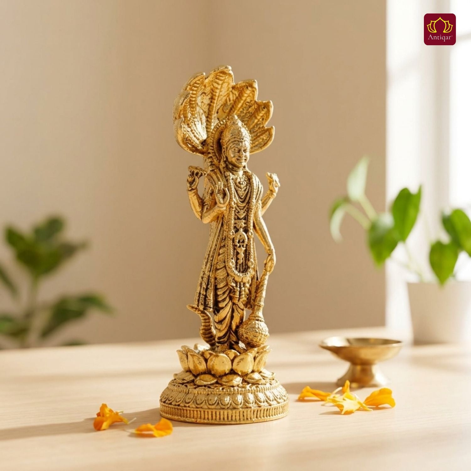Brass Vishnu Ji Idol - 9cm| Standing on Lotus | GoldenFinish | Spiritual Decor for Temple, Home & Car Dashboard