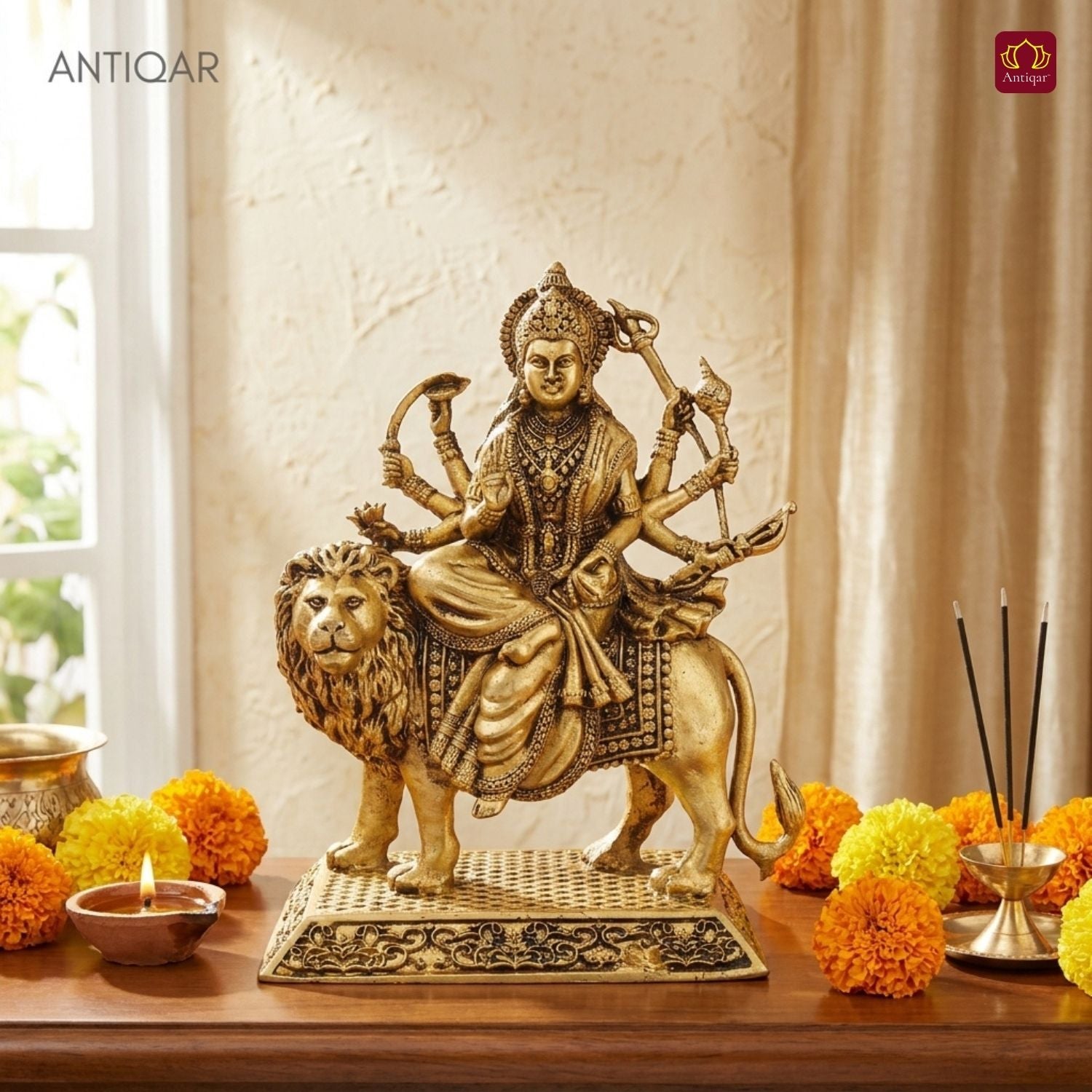 Brass Sherawali Maa Idol - 10.5cm | Antique Golden Finish | Spiritual Idol for Temple & Home Decor