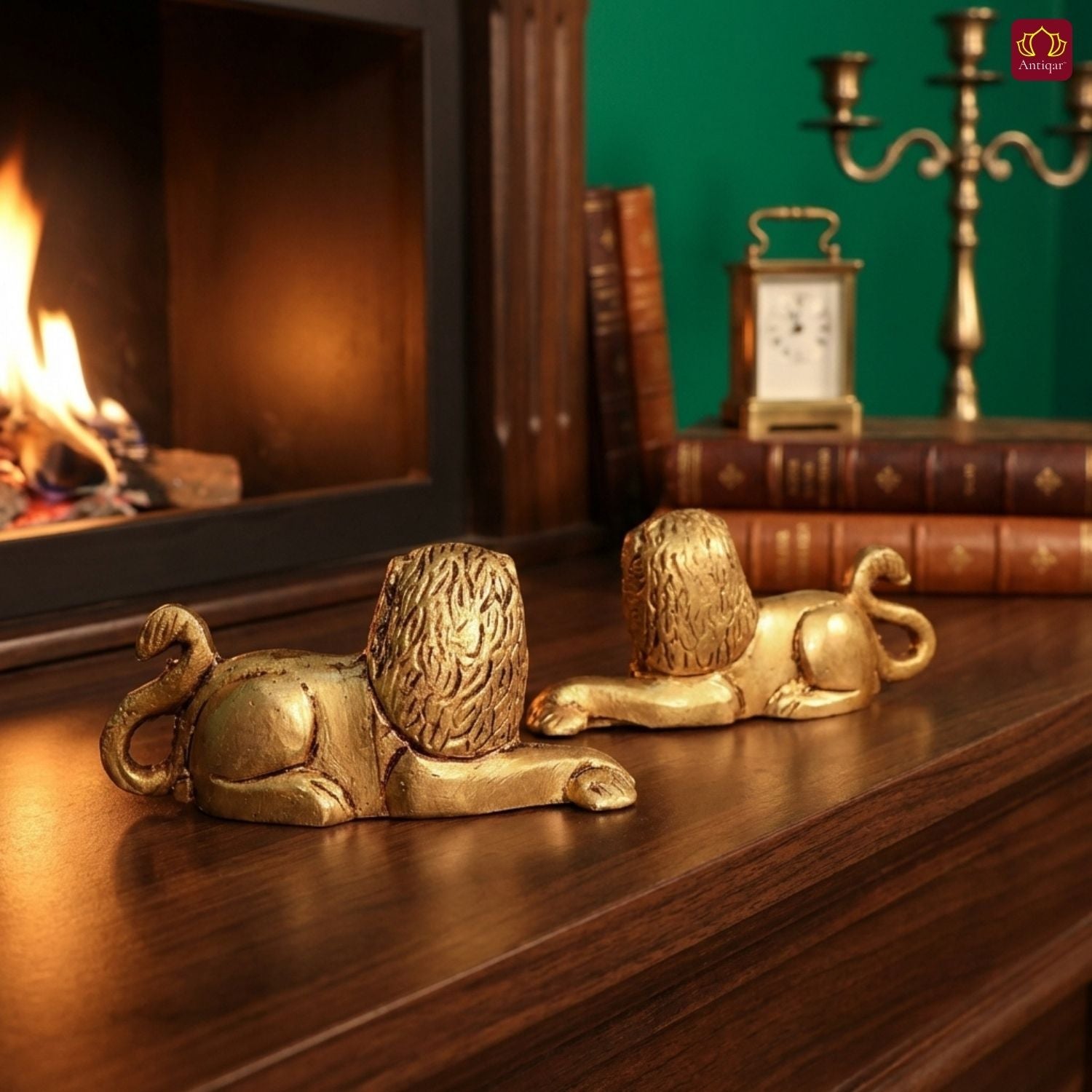 Brass Lion Pair Showpiece – 4 cm | Sitting Position | Antique Golden Finish | Handcrafted Figurines for Home, Table & Vastu Decor