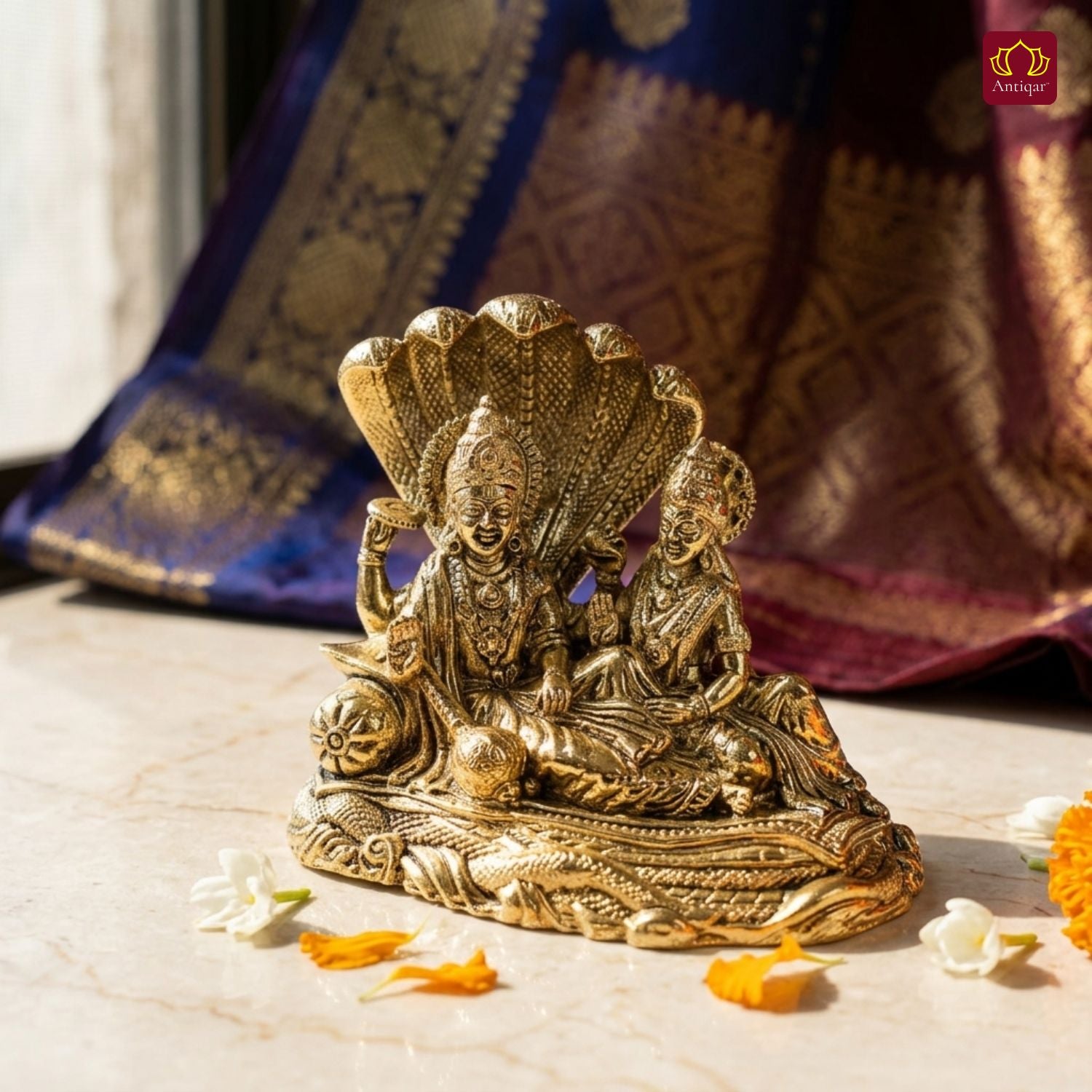 Brass Lakshmi Narayan Idol - 7cm  | Golden Finish | Spiritual Idol for Temple, Home & Car Dashboard Decor