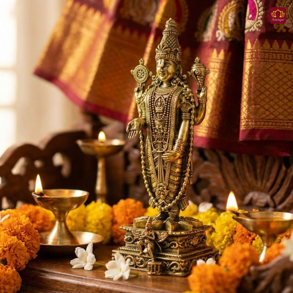 Brass Shree Venkateshwara Ji Idol - 15cm | Golden Finish | Spritual use for Home, Temple & Car Dashboard Decor