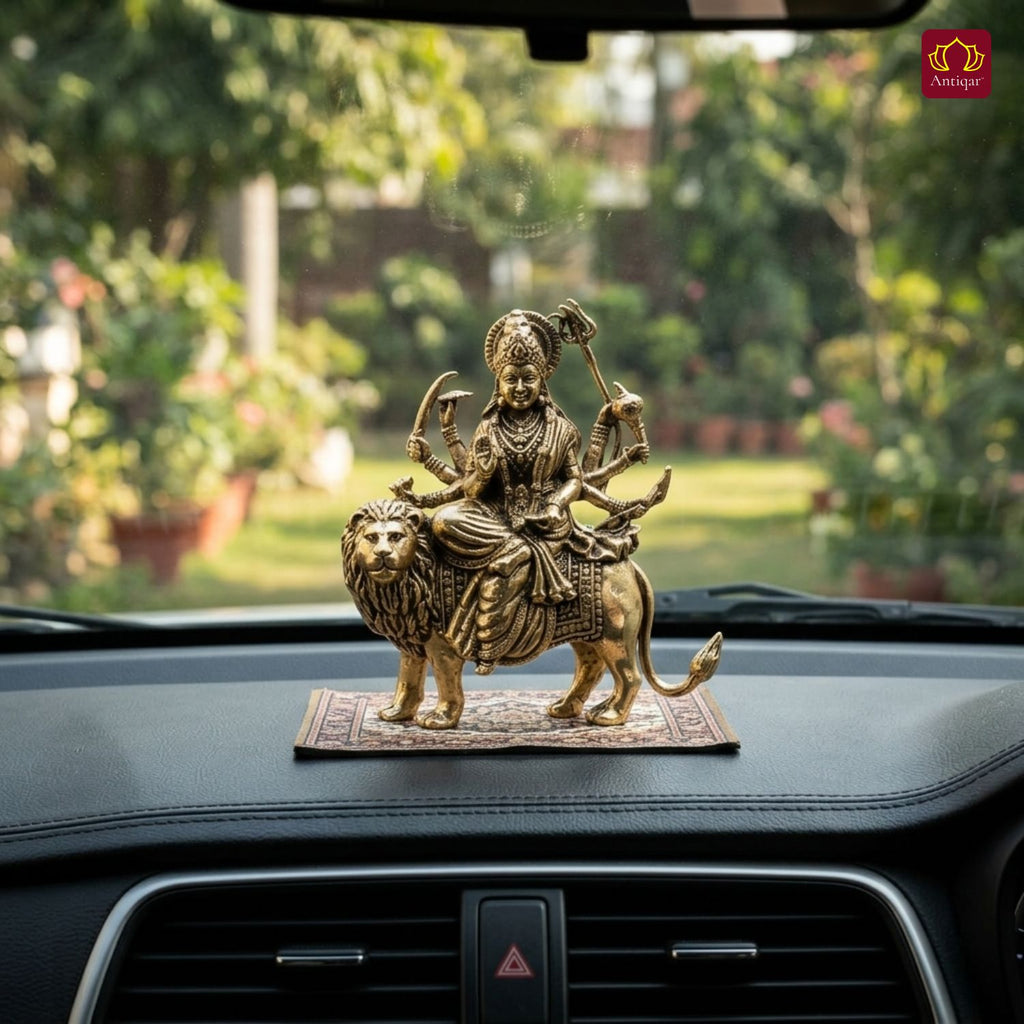 Brass Sherawali Maa Idol - 6cm | Sitting on Lion | Antique Finish | Spiritual Idol for Temple & Home Decor