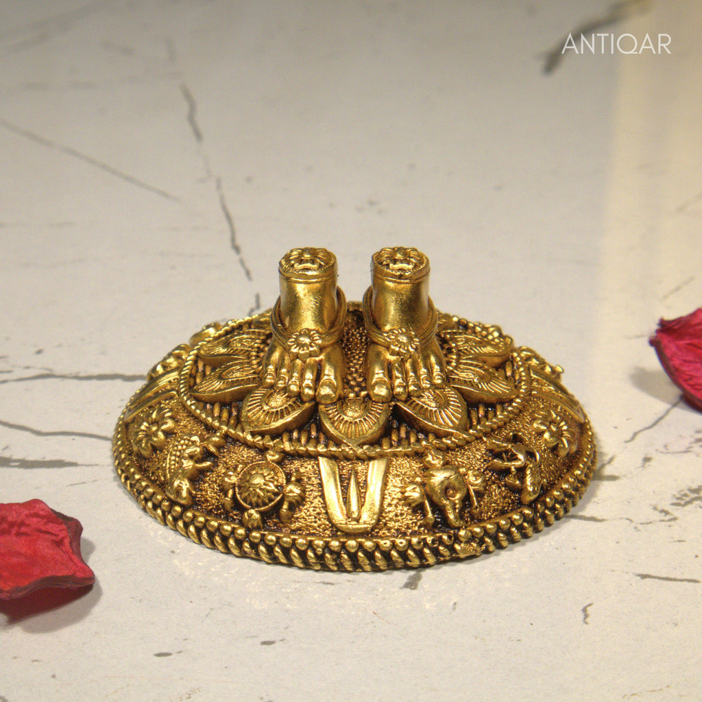 Designer Brass Charan Paduka –2.5 cm | Yellow Antique Finish | Handcrafted Spiritual Symbol for Temple & Home Decor
