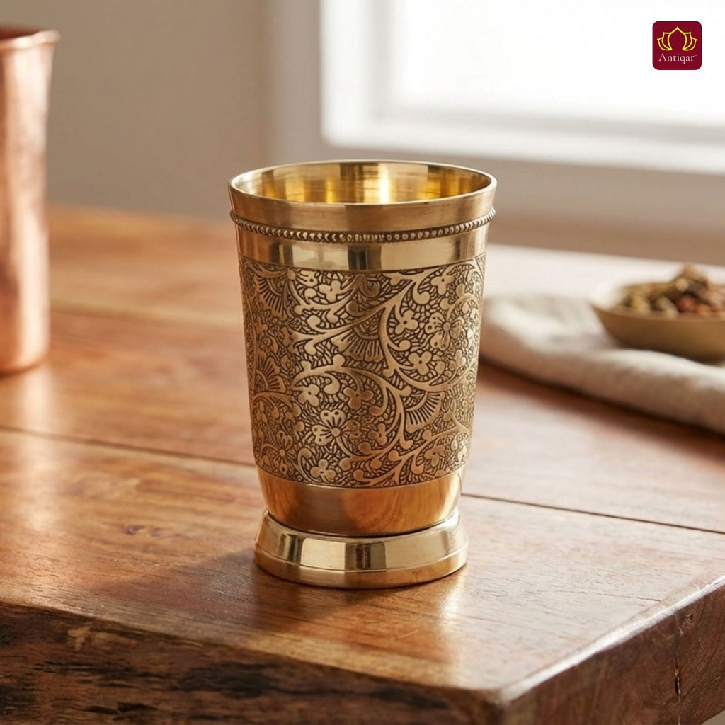 Brass Etching Design Glass - 10.5cm | Serve water & Milks | Antique Golden Finish | Traditional Mughlai Style use for serving in Kitchen, Festivals and Restaurents