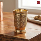 Brass Etching Design Glass - 10.5cm | Serve water & Milks | Antique Golden Finish | Traditional Mughlai Style use for serving in Kitchen, Festivals and Restaurents