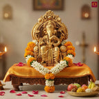 Brass Ganesh Ji Idol - 5cm | Sitting on Singhasan | Antique Golden Finish | Spiritual Idol for Temple & Home Decor