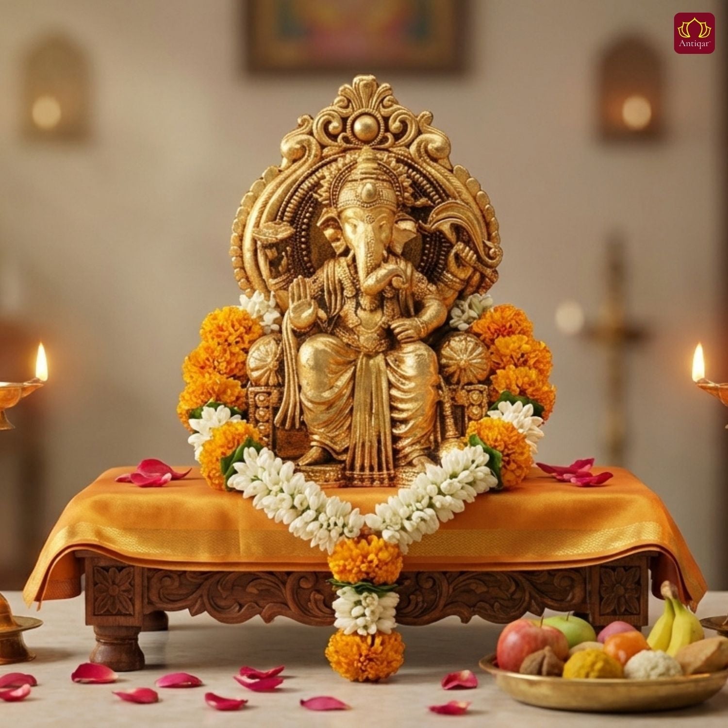 Brass Ganesh Ji Idol - 5cm | Sitting on Singhasan | Antique Golden Finish | Spiritual Idol for Temple & Home Decor