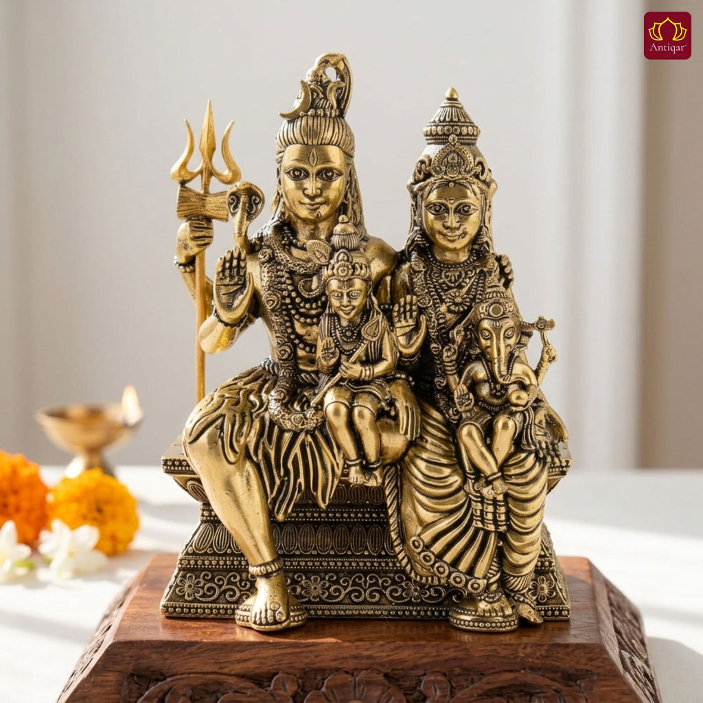 Brass Shiv Parivar Idol - 10cm | Antique Finish | Spiritual Idol for Temple & Home Decor
