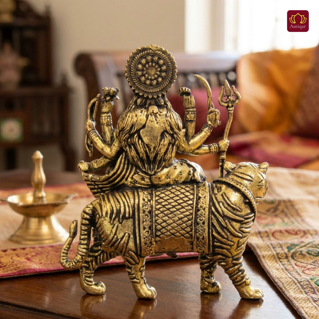 Brass Sherawali Maa Idol - 6.5cm | Sitting onTiger | Antique Golden Finish | Spiritual Idol for Temple & Home Decor