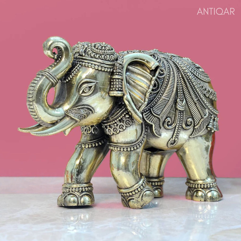 Brass Elephant Showpiece in Floral Design - 6.5cm | Antique Golden Finish | Decorative Figurines for Temple, Home & Office