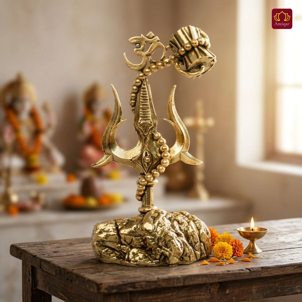 Brass Trisul with Om & Damru - 10.5cm | Antique  Golden Finish | Handcrafted for Pooja Temple & Festival Decor