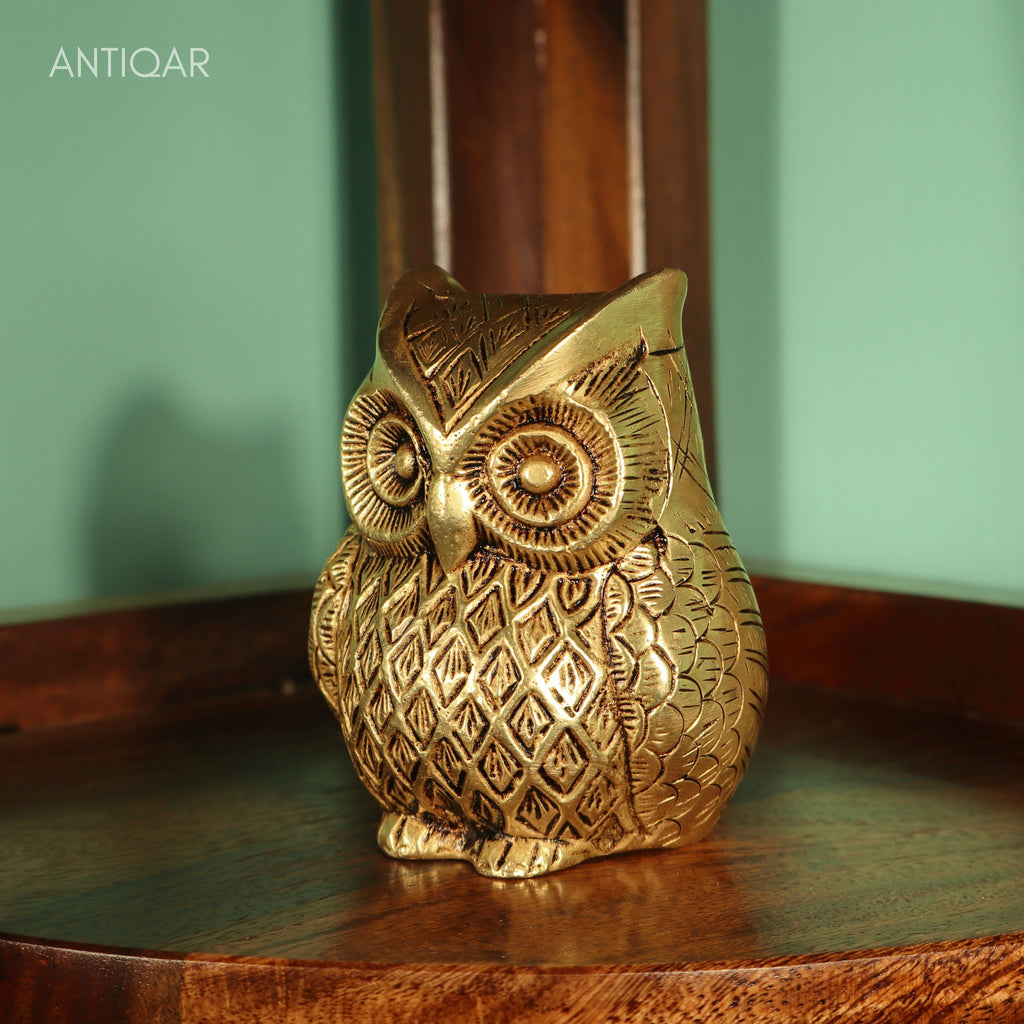 Brass Owl Figurine – 7 cm | Sitting Position with Carved Detailing | Antique Golden Finish | Handcrafted Decor for Temple, Home & Table