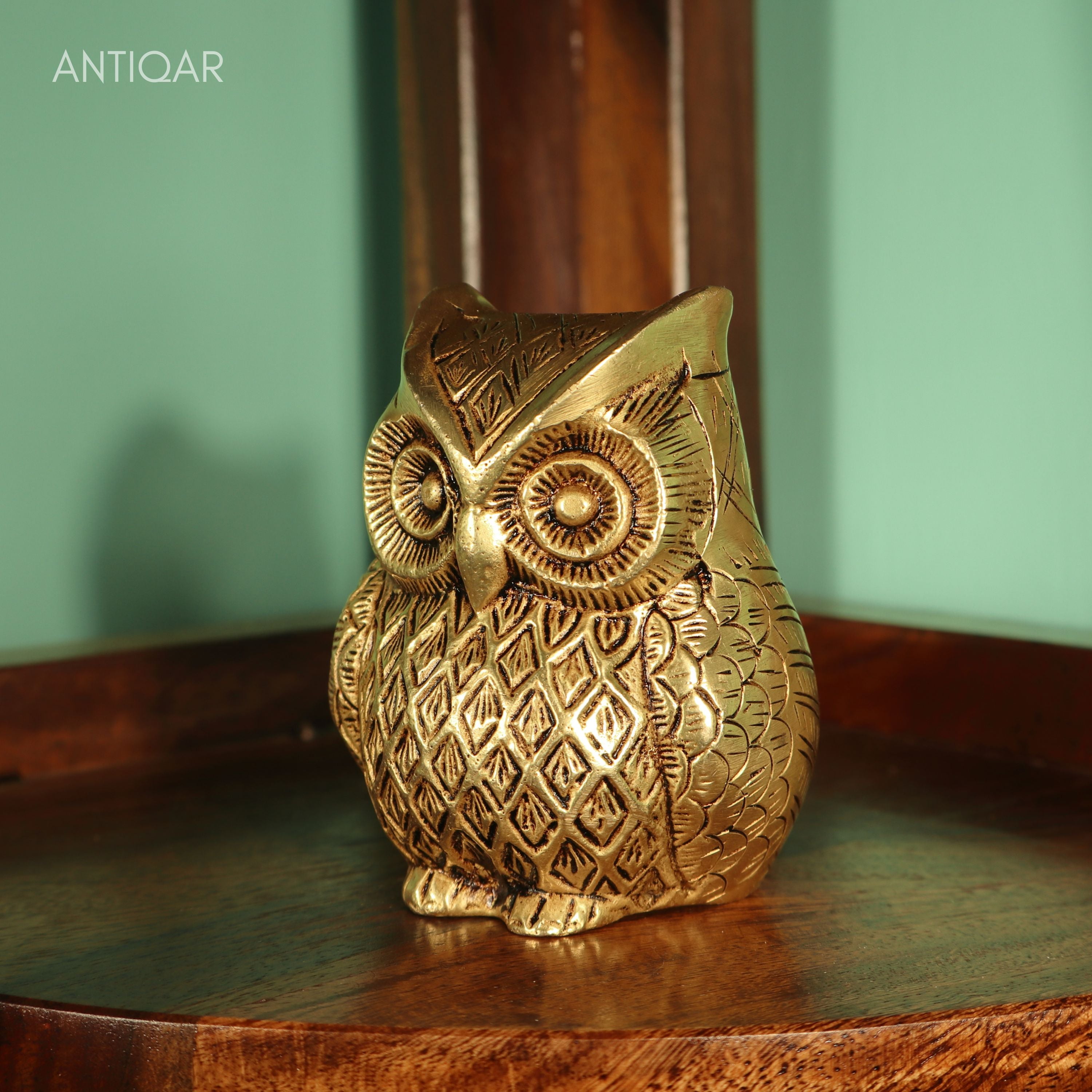 Brass Owl Figurine – 7 cm | Sitting Position with Carved Detailing | Antique Golden Finish | Handcrafted Decor for Temple, Home & Table