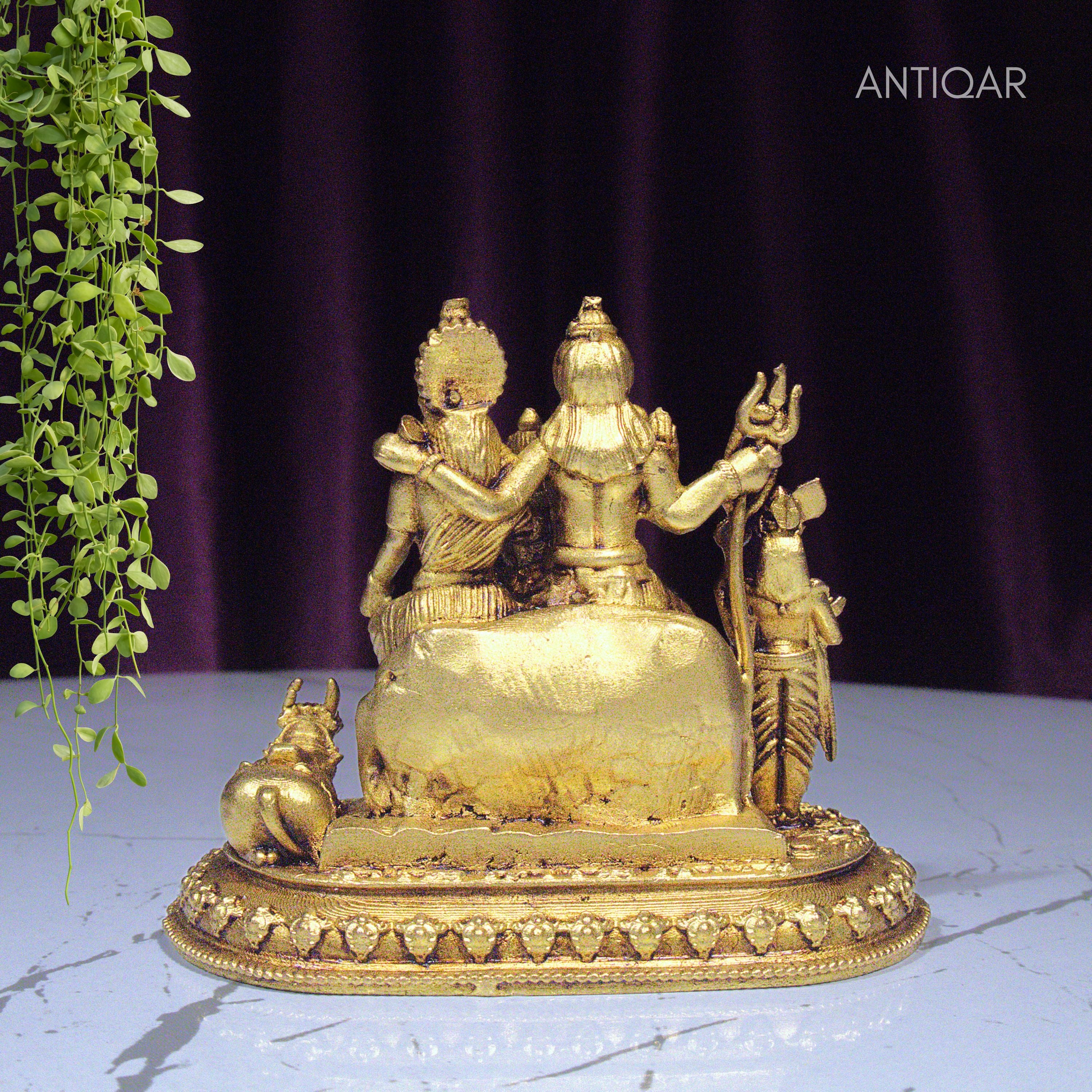 Brass Shiv Parivar Idol - 7.5cm | Antique Golden Finish | Spiritual Idol for Temple & Home Decor