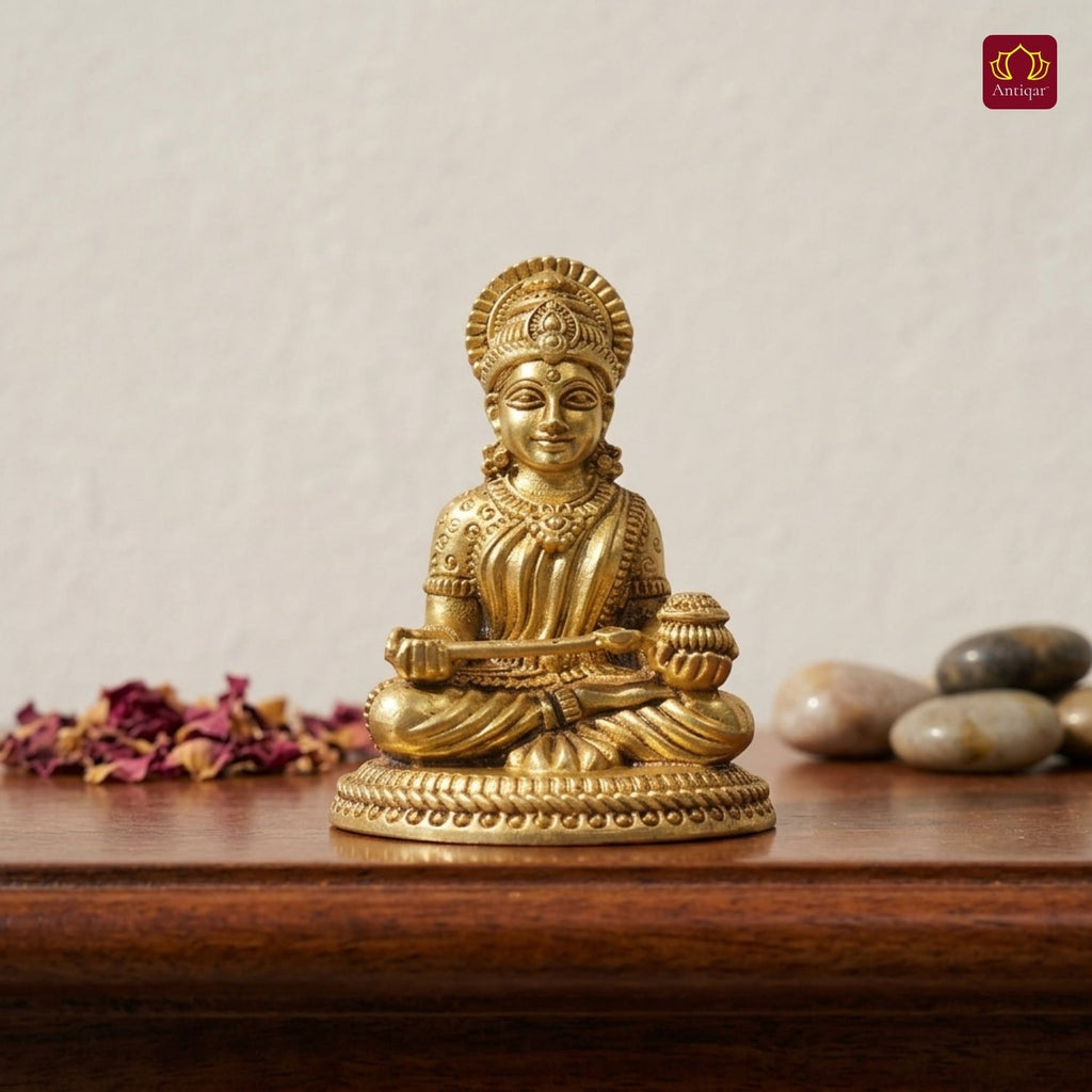 Brass Annapurna Devi Idol - 6cm | Antique Golden Finish | Spiritual Idol for Temple & Home Decor