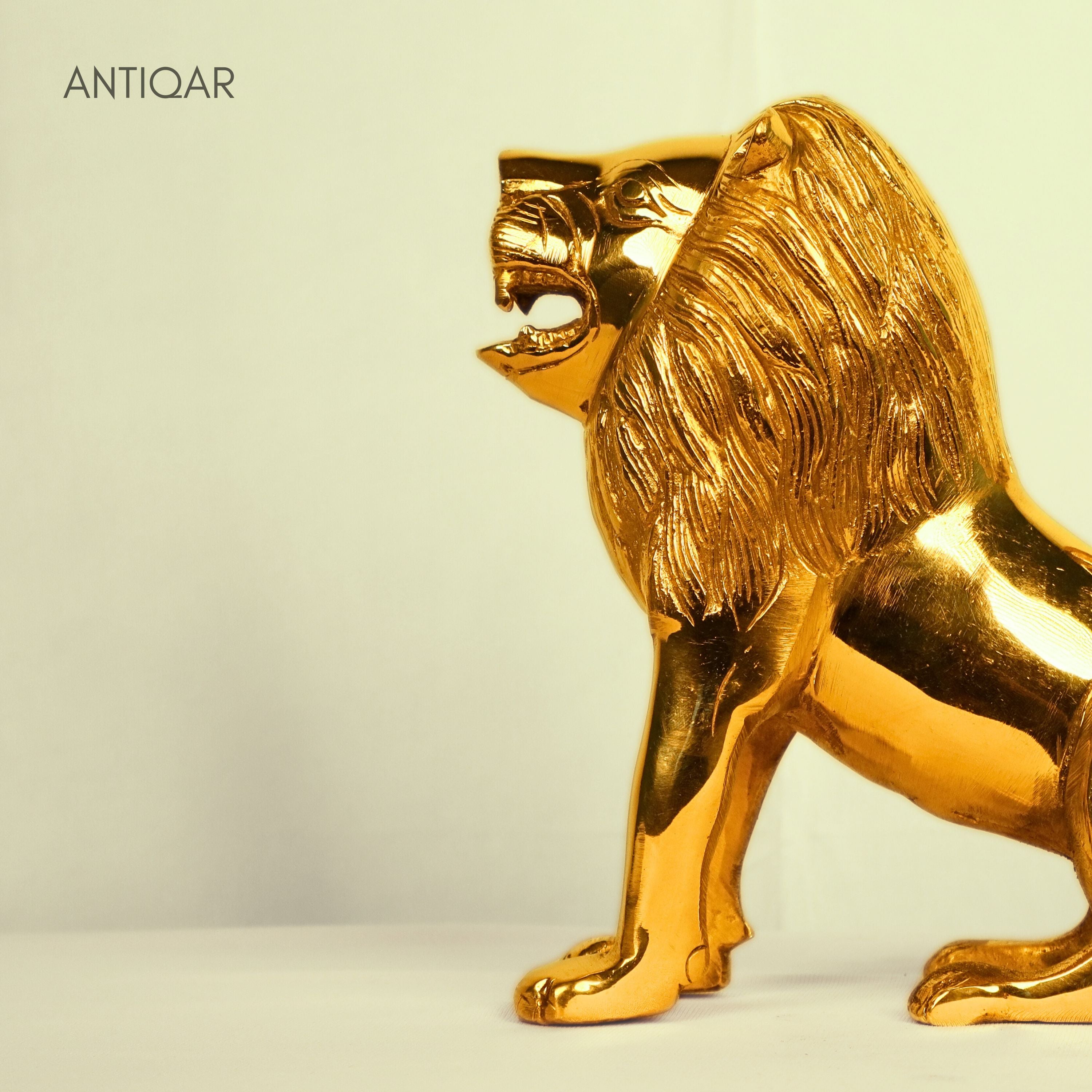 Antiqar Lion Pure Brass Figurine | Handicraft Artwork | Superfine Golden Finish | Home & Office Décor | Ideal for Gifting | Height 15cm
