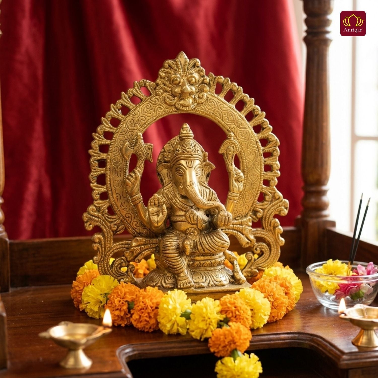 Brass Ganesh Ji Idol with Ornate Frame – 22 cm | Sitting Position with Intricate Carving | Antique Golden Finish | Handcrafted for Temple, Home & Table Decor
