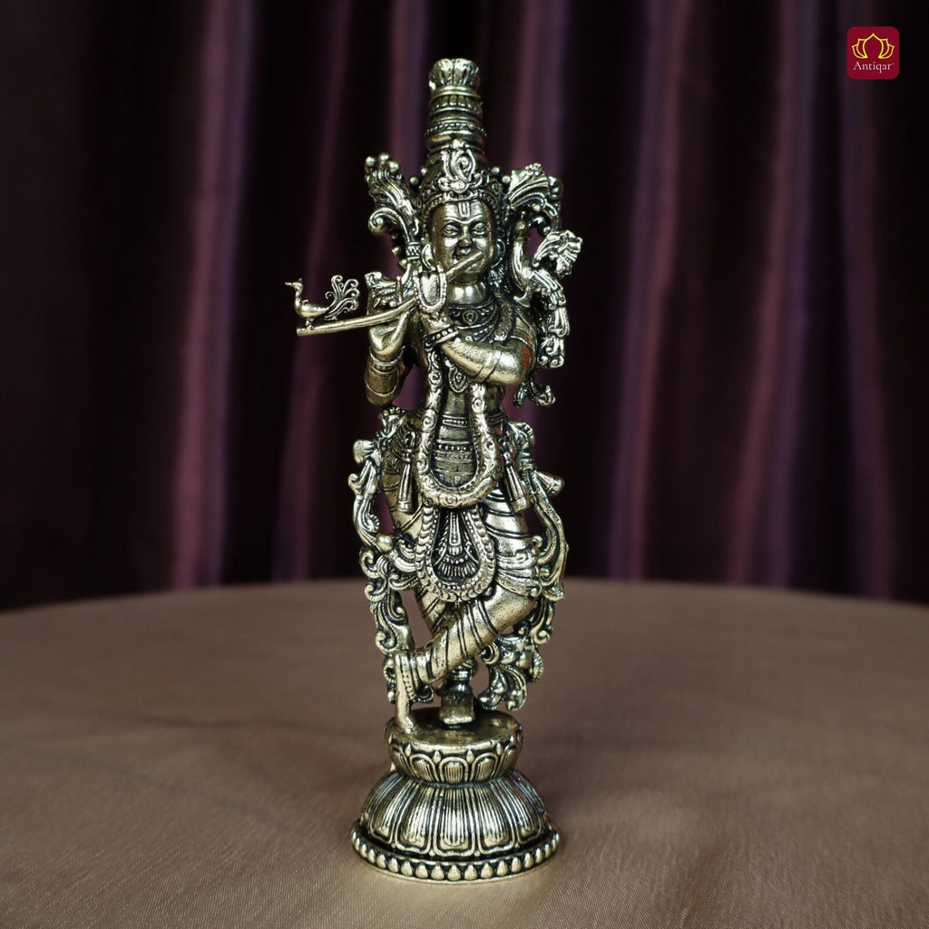 Brass Lord Krishna Idol Playing with Flute - 15cm | Antique Finish | Handcrafted Artwork | Home & Office Decor | Ideal for Gifting & Spiritual Blessings
