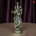 Brass Lord Krishna Idol Playing with Flute - 15cm | Antique Finish | Handcrafted Artwork | Home & Office Decor | Ideal for Gifting & Spiritual Blessings
