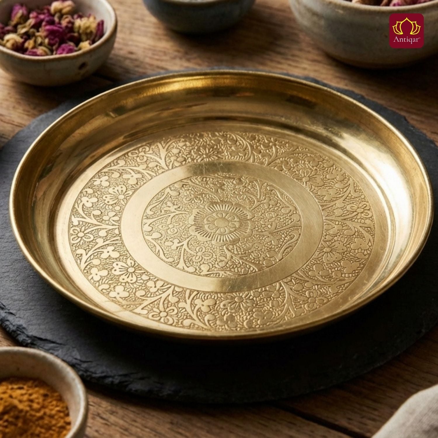 Brass Etching Design Plate - 2cm | Serve Main Course items in Lunch & Dinner | Antique Golden Finish | Traditional Mughlai Style use for serving in Kitchen, Festivals and Restaurents