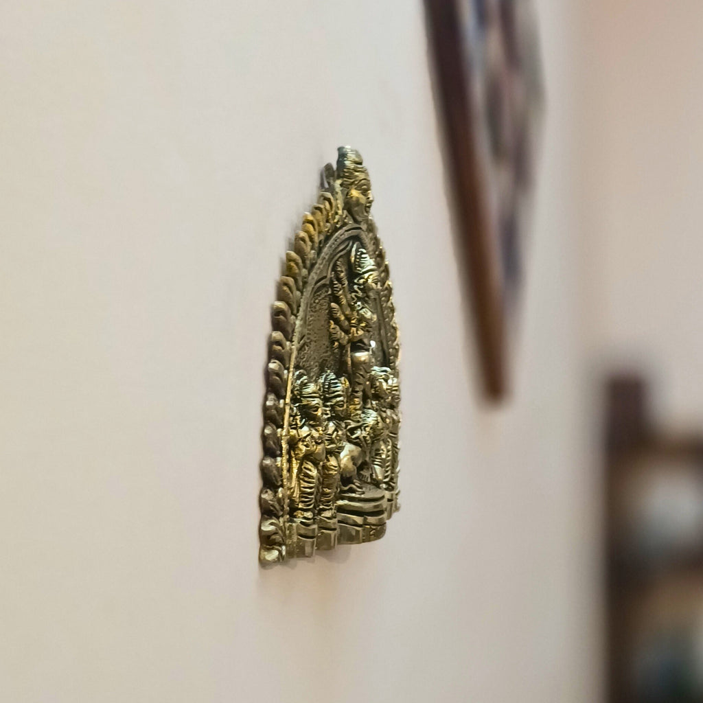 Brass Durga Maa Wall Hanging | Bengali Dashabhuja Style With Lion, Mahishasura, Ganesh, Kartikeya, Lakshmi & Saraswati | Handcrafted for Home & Temple Decor