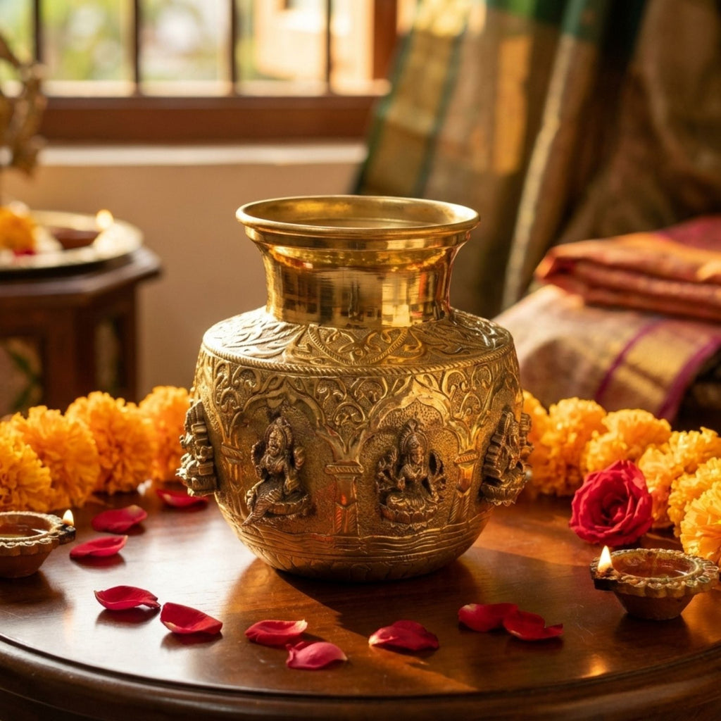 Brass Ashta Lakshmi Kalash - 14cm | Antique Yellow Finish | Spritual use for Pooja, Temple & Festival Decor