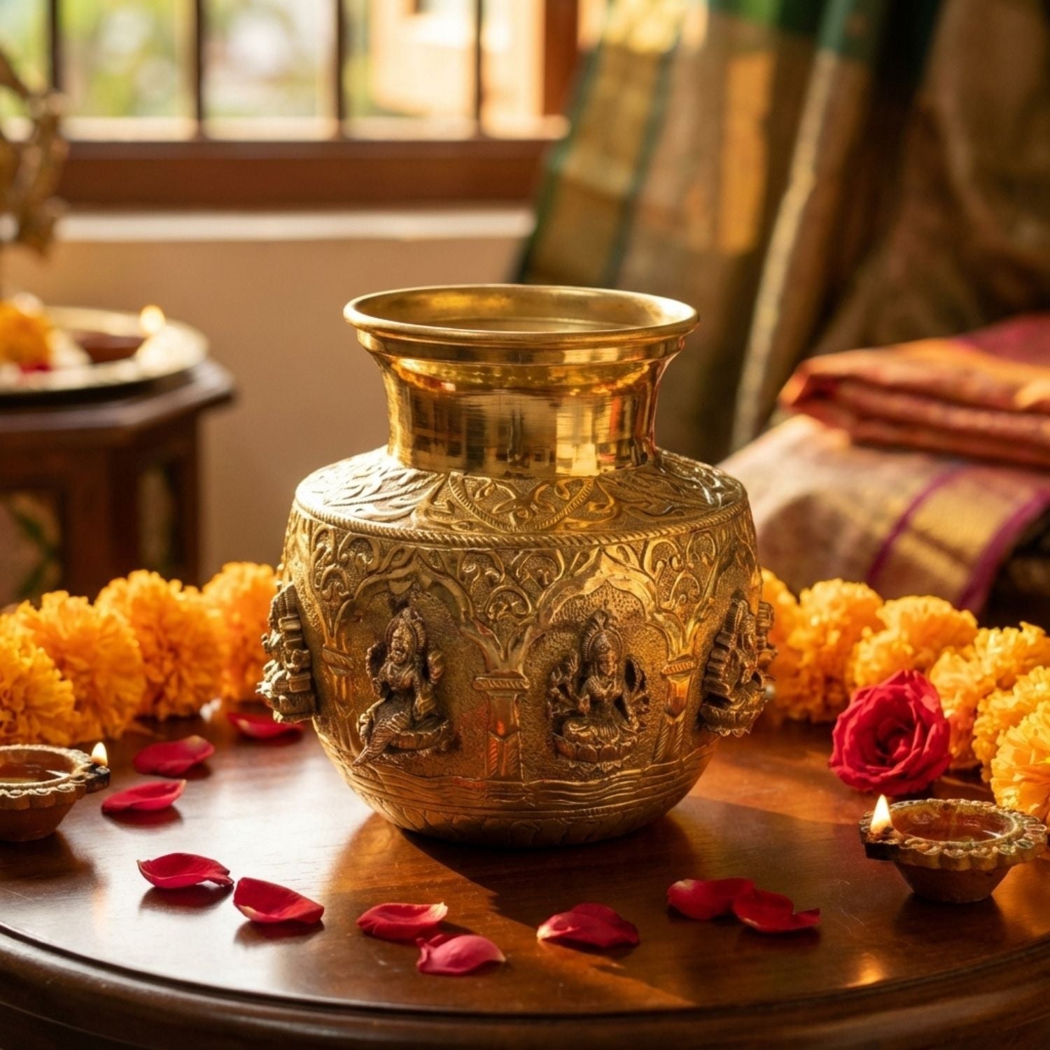 Brass Ashta Lakshmi Kalash - 14cm | Antique Yellow Finish | Spritual use for Pooja, Temple & Festival Decor