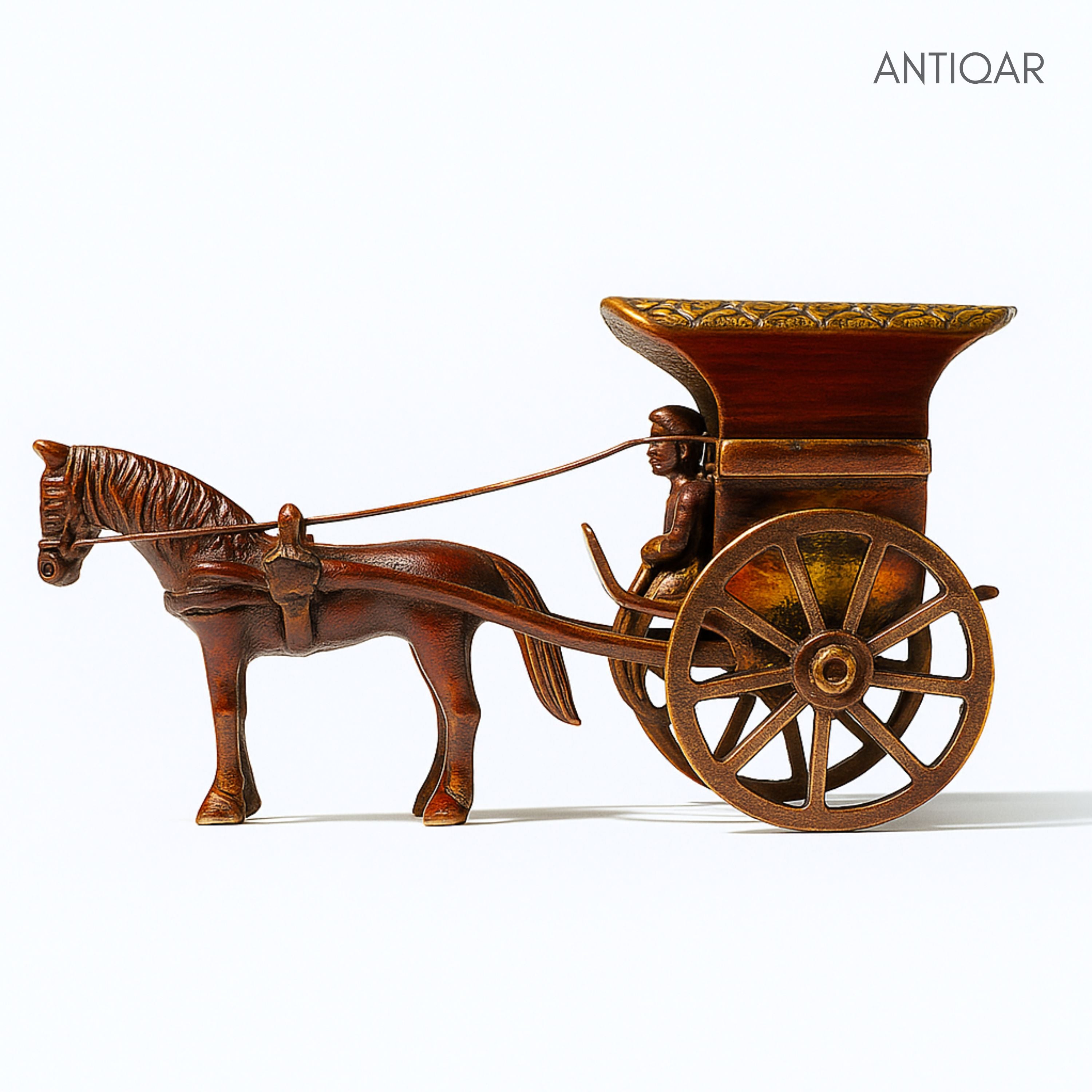 Brass Horse Cart Showpiece – 7.5 cm | Single Horse with Carved Roof | Antique Brown Colored Finish | Handcrafted Decor for Festival, Temple & Home